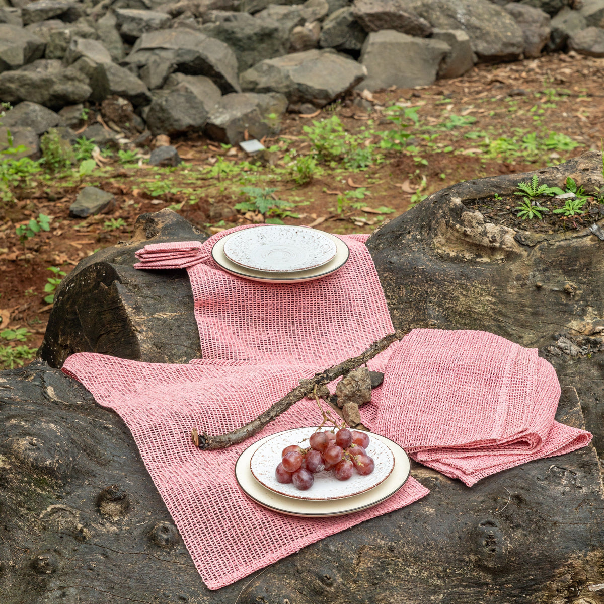 Pink Raffia Natural Table Linen Set-Table Runners-House of Ekam