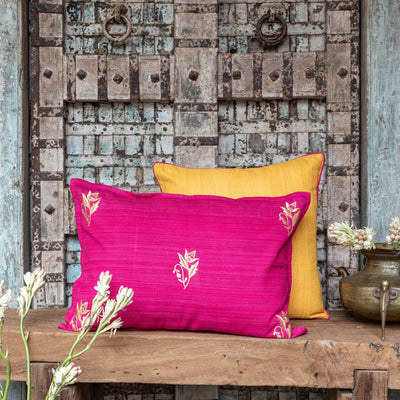 Pink Shiuli Gold Zari Embroidery Matka Silk Cushion Cover-Cushion Covers-House of Ekam