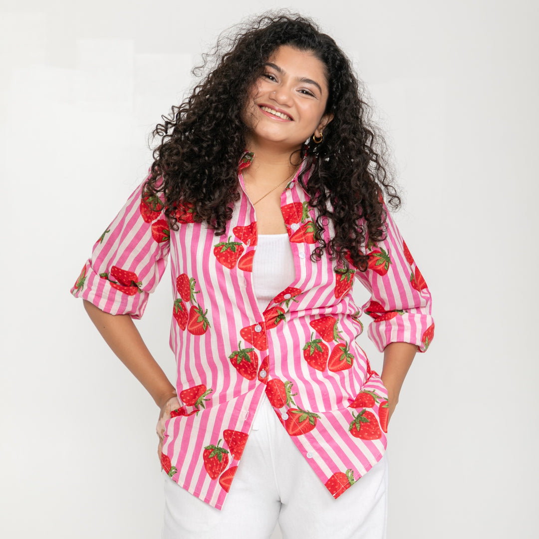 Pink Strawberry Stripe Cotton Shirt-Shirts-House of Ekam