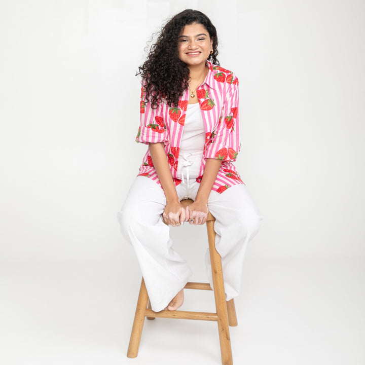 Pink Strawberry Stripe Cotton Shirt-Shirts-House of Ekam