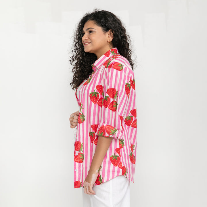 Pink Strawberry Stripe Cotton Shirt-Shirts-House of Ekam