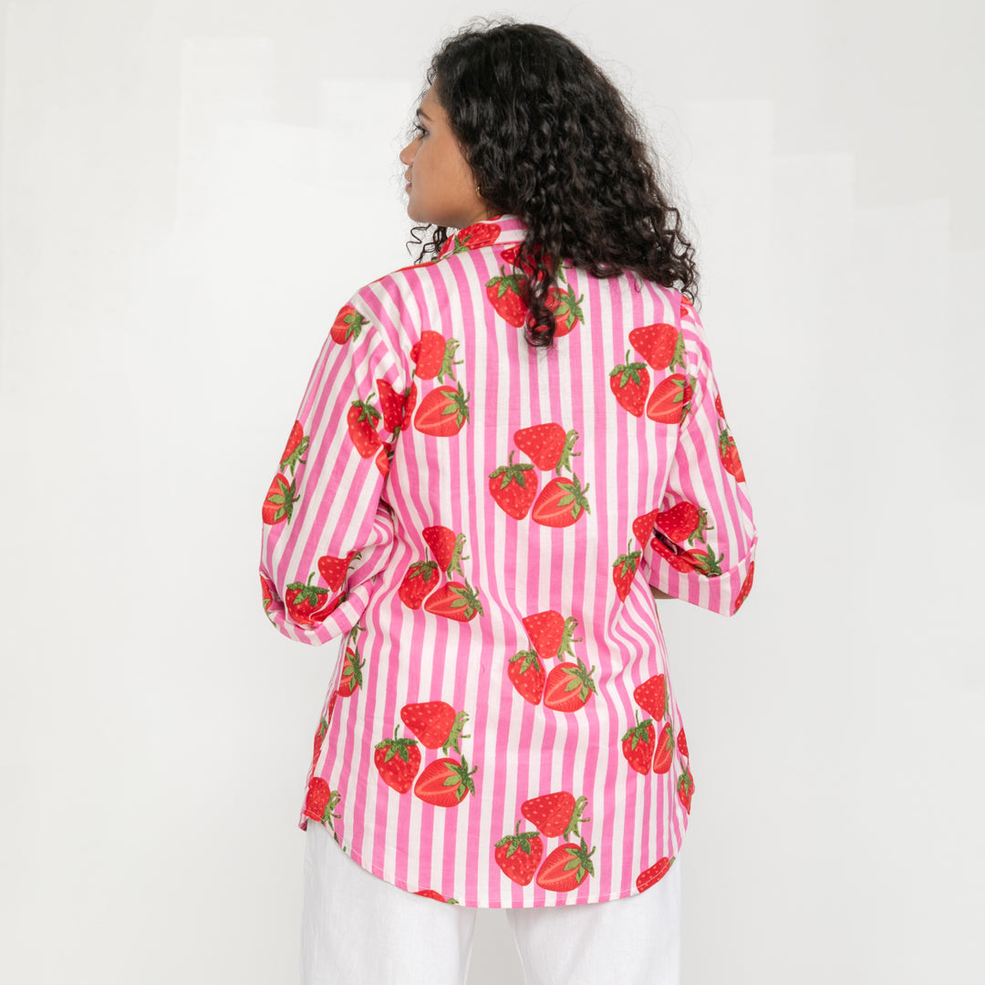Pink Strawberry Stripe Cotton Shirt-Shirts-House of Ekam