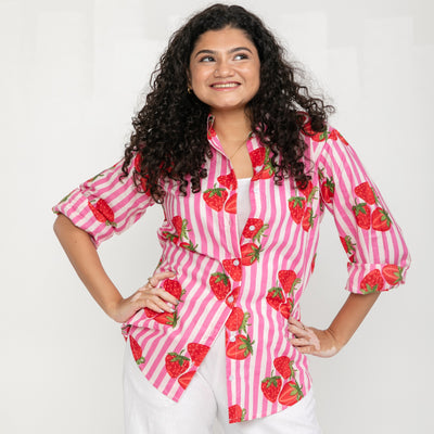 Pink Strawberry Stripe Cotton Shirt-Shirts-House of Ekam