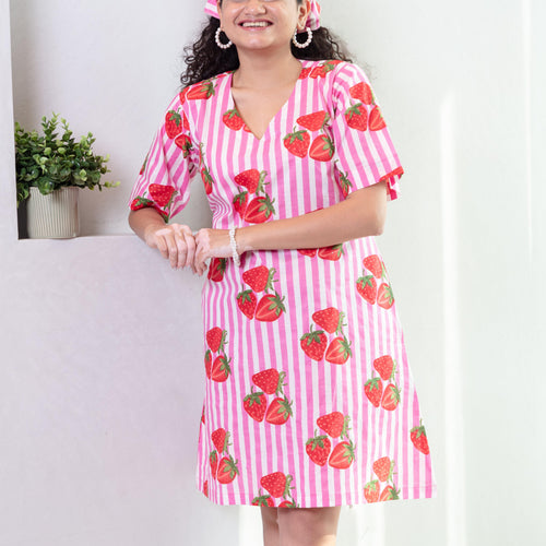 Pink Strawberry Stripe Screenprinted Cotton Dress-Dresses-House of Ekam