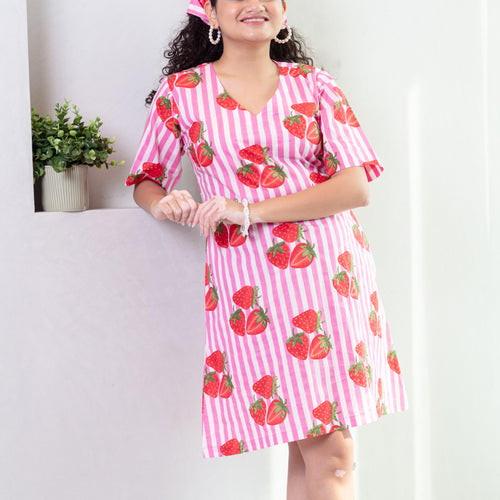 Pink Strawberry Stripe Screenprinted Cotton Dress-Dresses-House of Ekam