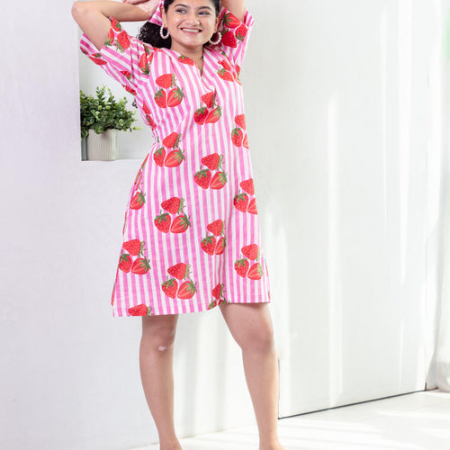 Pink Strawberry Designer Casual Summer Cotton Dress for Women House of Ekam Pink Strawberry Designer Casual Summer Cotton Dress for Women House of Ekam