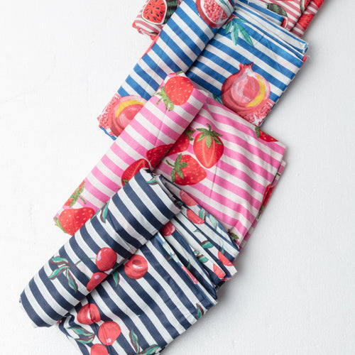 Pink Strawberry Stripe Screenprinted Cotton Fabric-fabric-House of Ekam