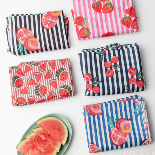 Pink Strawberry Stripe Screenprinted Cotton Fabric-fabric-House of Ekam