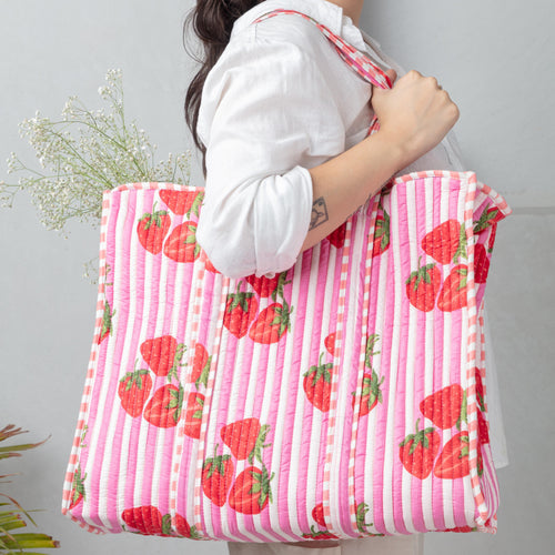 Pink Strawberry Stripes Screenprinted Tote Bag-Tote Bag-House of Ekam