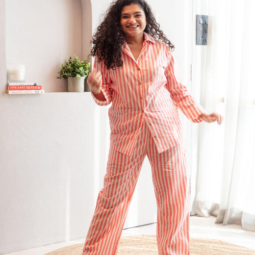 Pink Stripe Cotton Loungewear Set-loungewear-House of Ekam