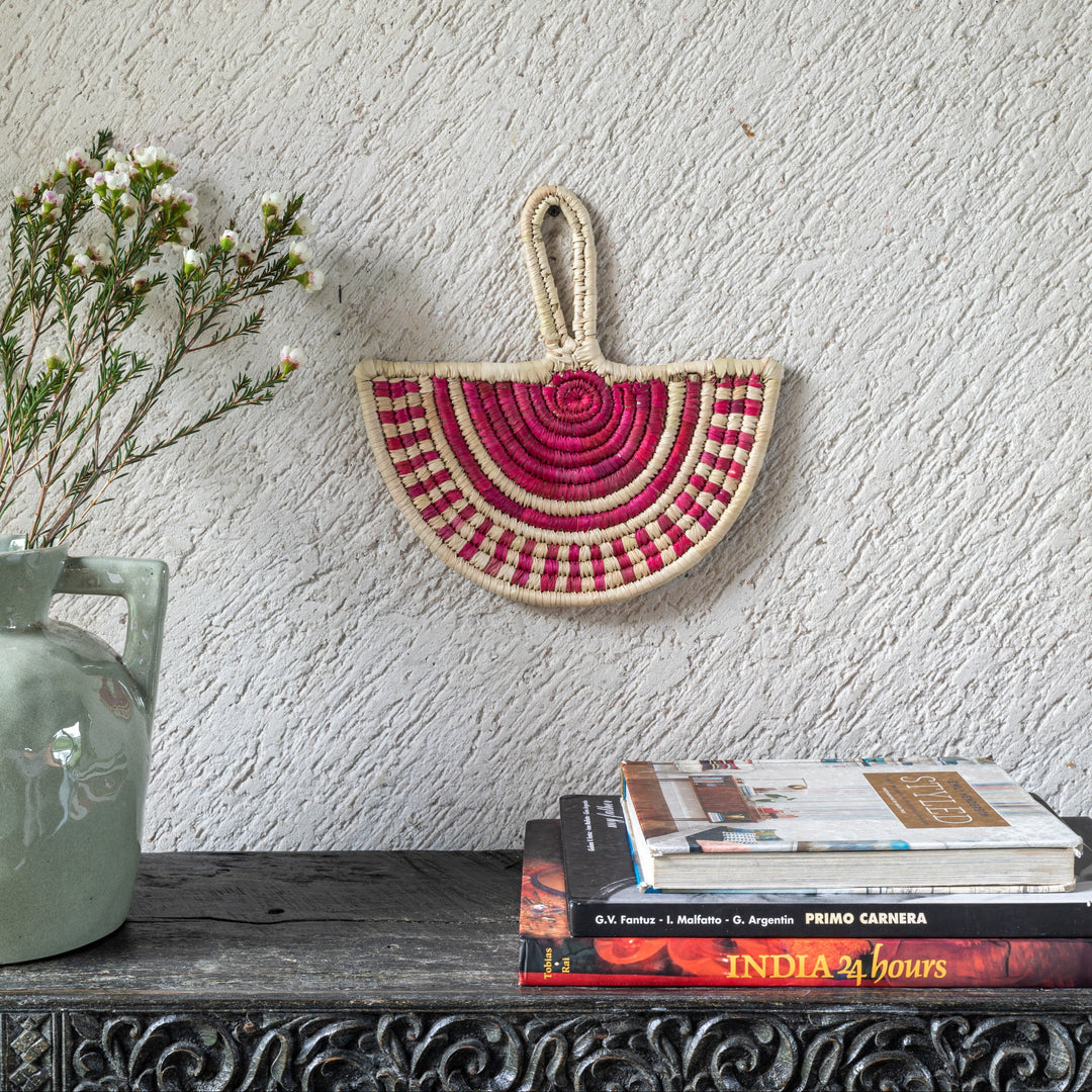 Pink Stripe Handwoven Sabai Grass Fan-Sabai baskets-House of Ekam
