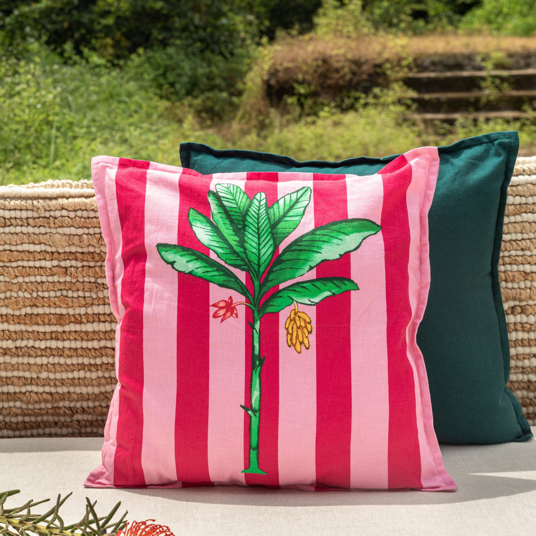 Pink Stripe Palm Tropicasa Cushion Cover-Cushion Covers-House of Ekam