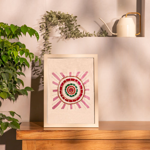 Pink Sun Kutch Hand Embroidered Applique Wall Art-Framed Wall Art-House of Ekam