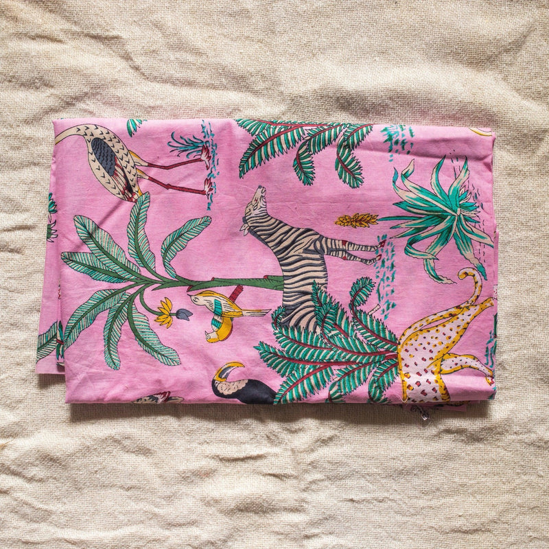 Pink Tropical Safari Hand Screenprinted Cotton Fabric-fabric-House of Ekam