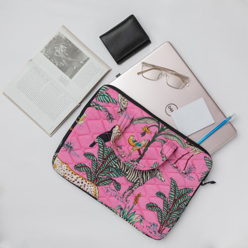 Pink Tropical Safari Laptop Sleeve with Handle-Laptop Sleeves-House of Ekam