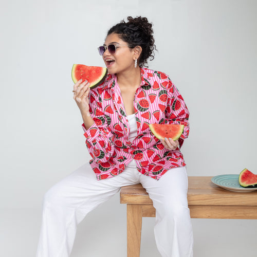 Pink Watermelon Stripe Cotton Shirt-Shirts-House of Ekam