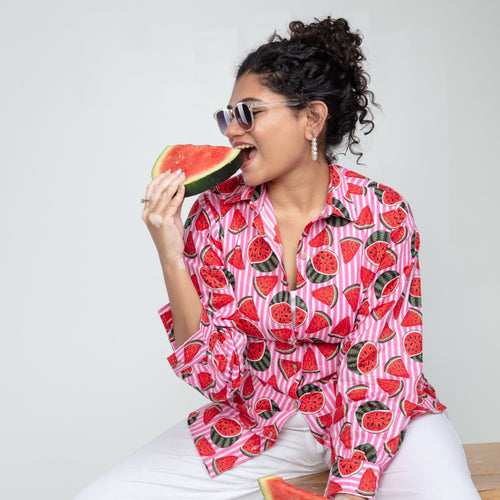 Pink Watermelon Stripe Cotton Shirt-Shirts-House of Ekam