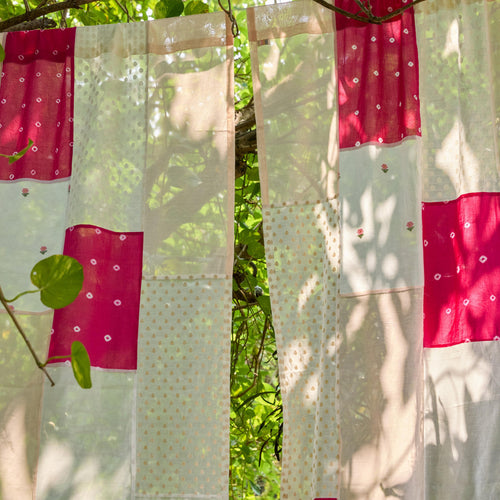 Pink & White Patchwork Handmade Cotton Curtain-Curtains-House of Ekam