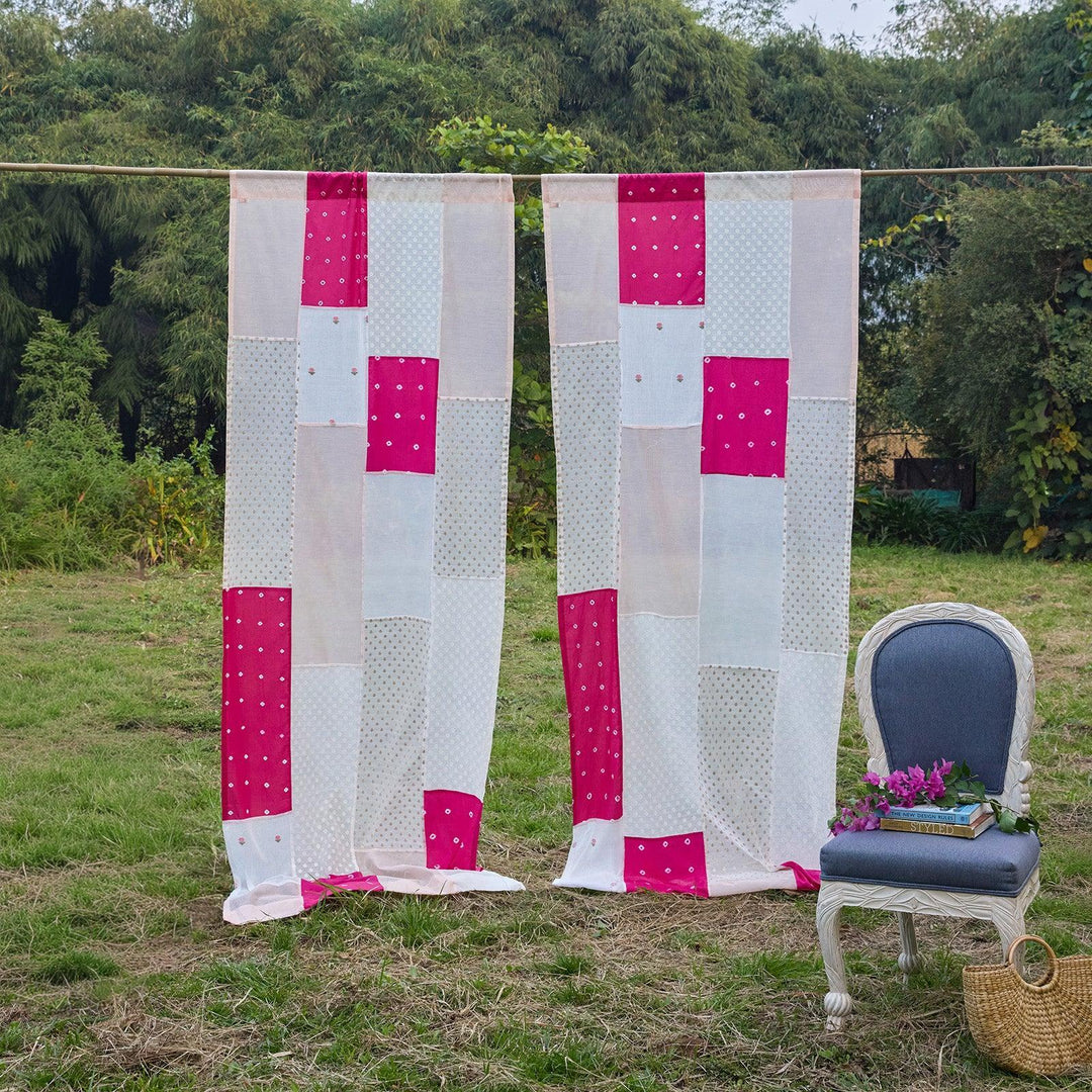 Pink &amp; White Patchwork Handmade Cotton Curtain-Curtains-House of Ekam