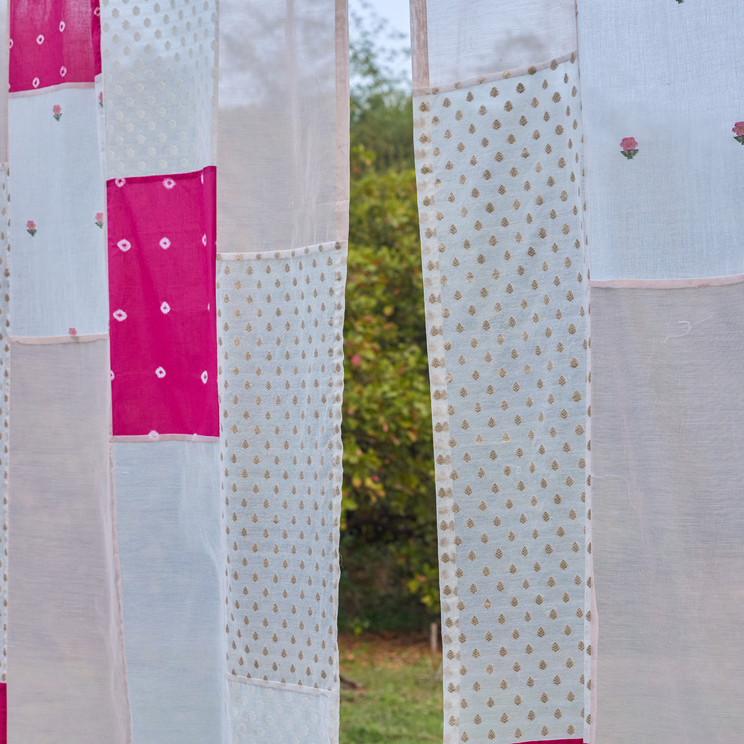 Pink &amp; White Patchwork Handmade Cotton Curtain-Curtains-House of Ekam