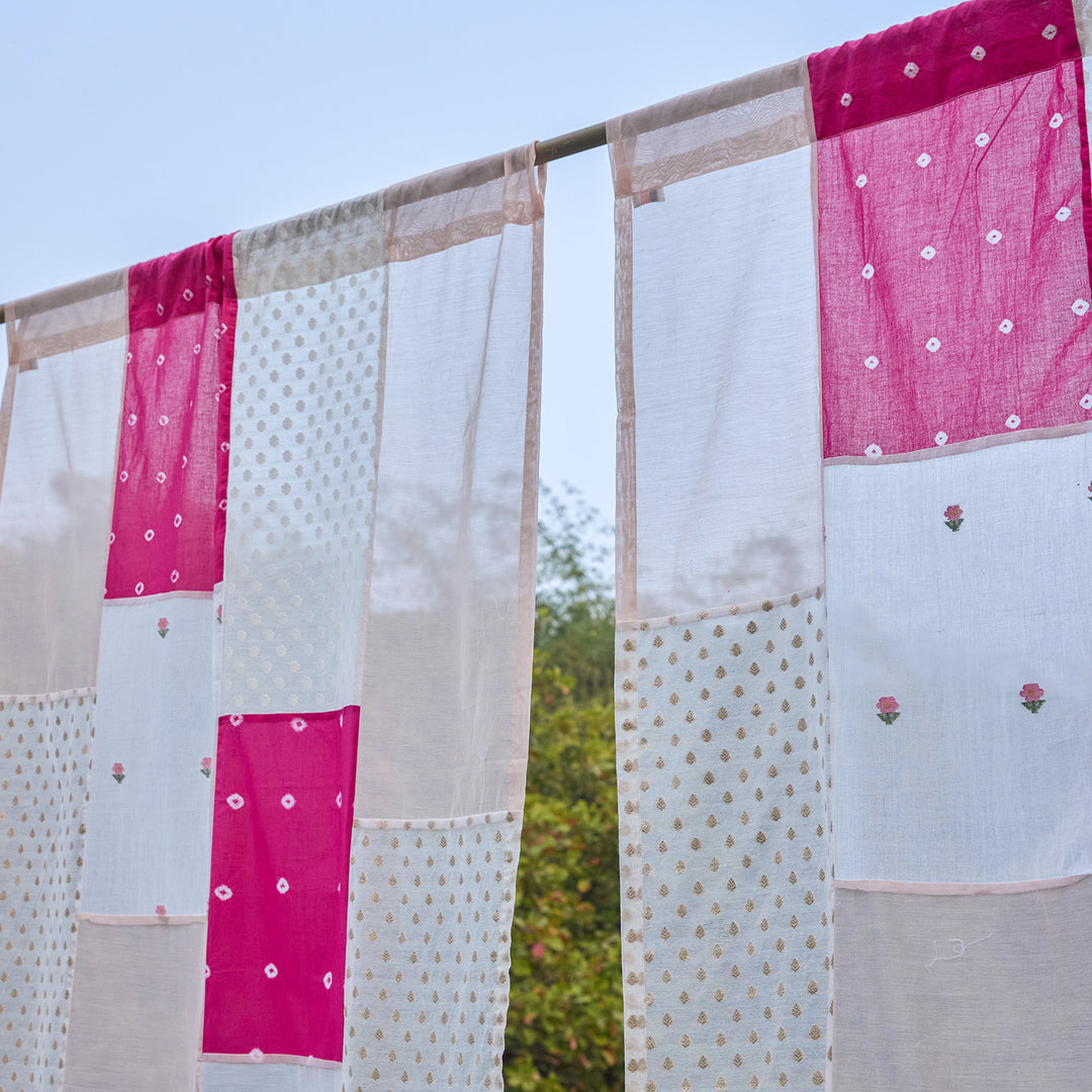 Pink &amp; White Patchwork Handmade Cotton Curtain-Curtains-House of Ekam
