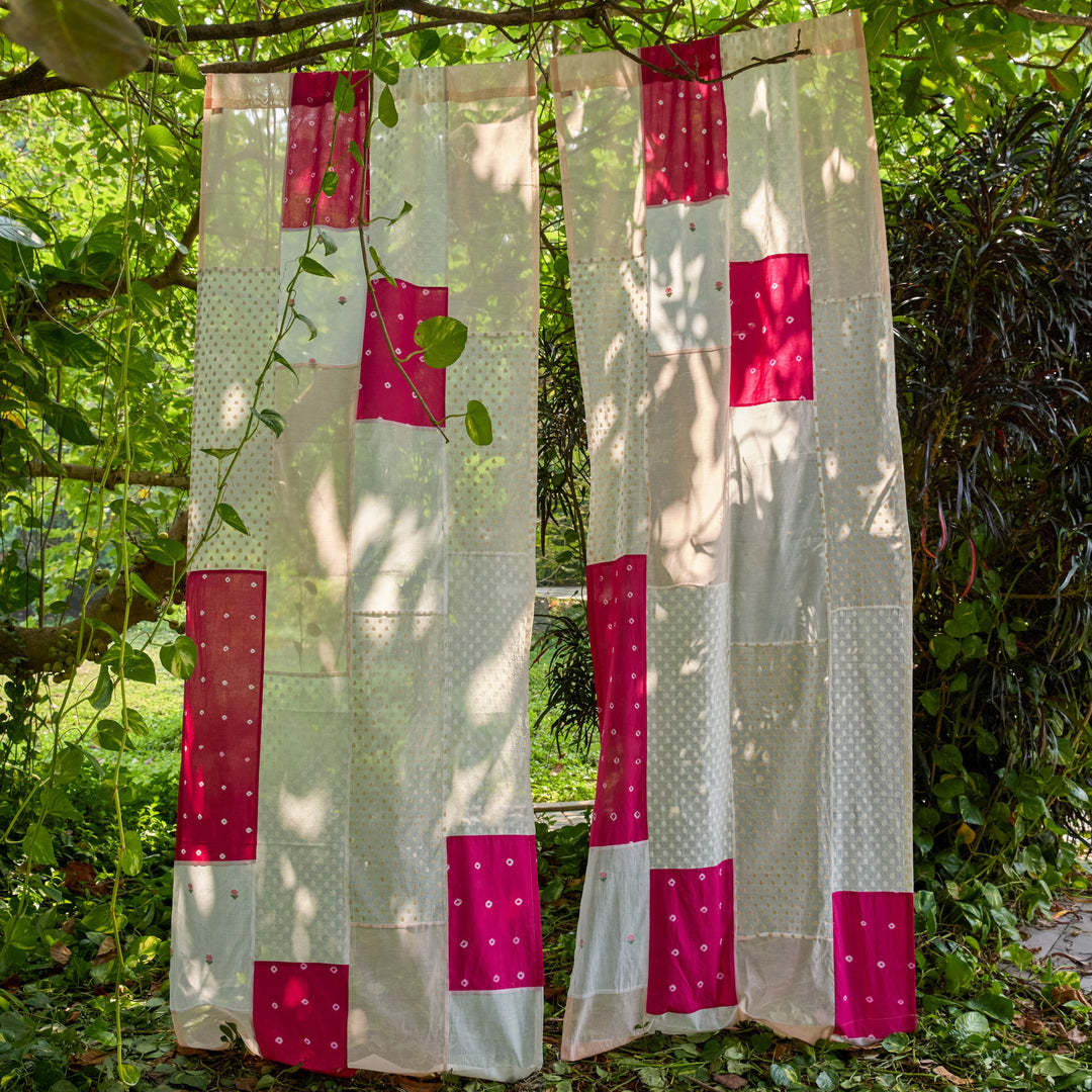 Pink &amp; White Patchwork Handmade Cotton Curtain-Curtains-House of Ekam