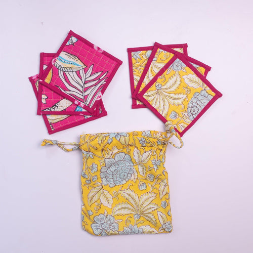 Pink & Yellow Reversible Coaster Set of 6-Coasters-House of Ekam