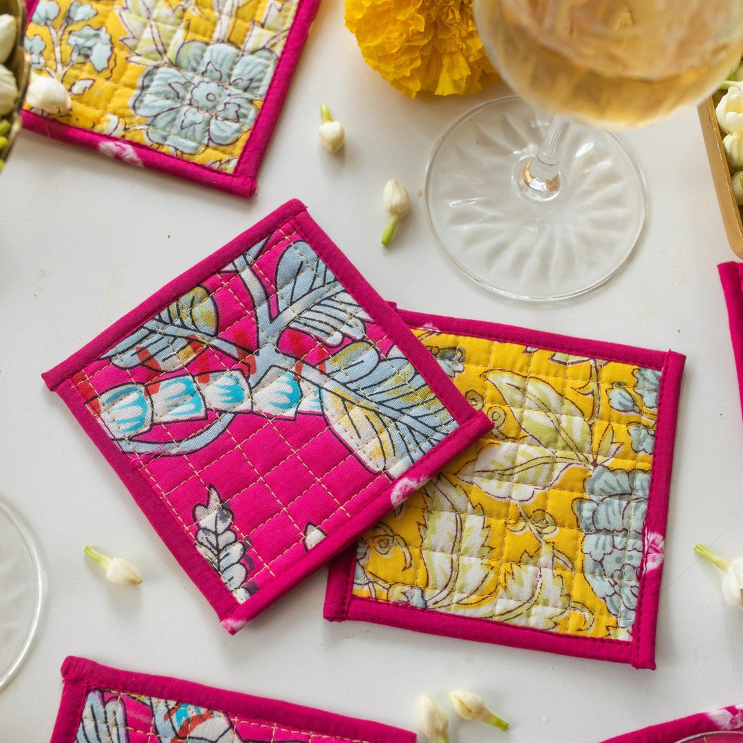 Pink &amp; Yellow Reversible Coaster Set of 6-Coasters-House of Ekam