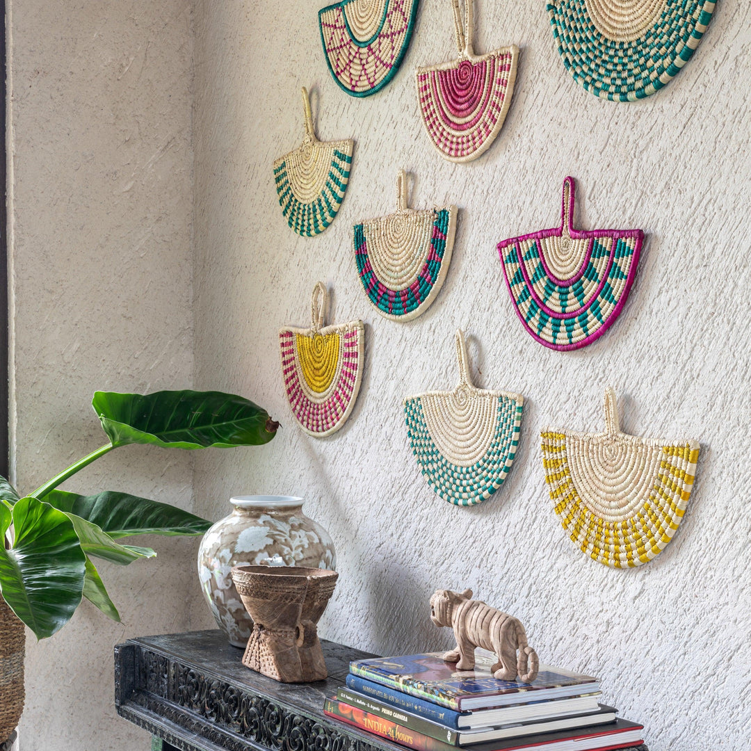 Pink &amp; Yellow Stripe Handwoven Sabai Grass Fan-Sabai baskets-House of Ekam