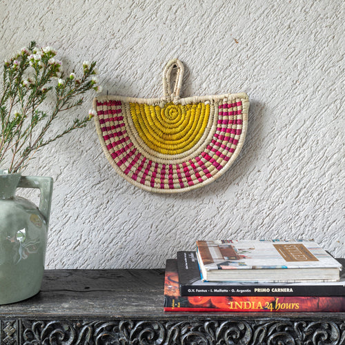 Pink & Yellow Stripe Handwoven Sabai Grass Fan-Sabai baskets-House of Ekam