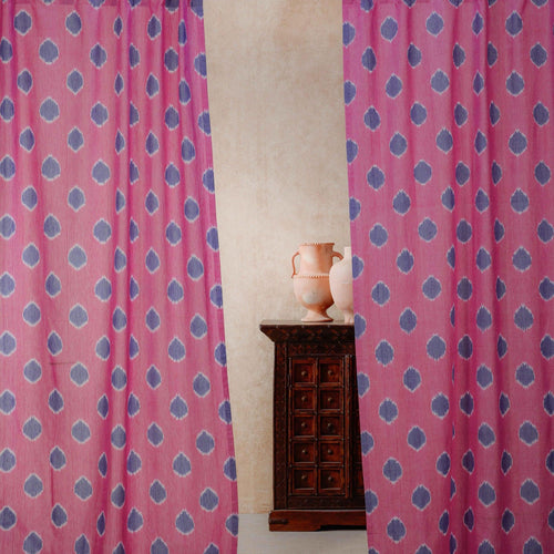 Pink and Blue Varnam Ikat Handloom Curtain-Curtains-House of Ekam