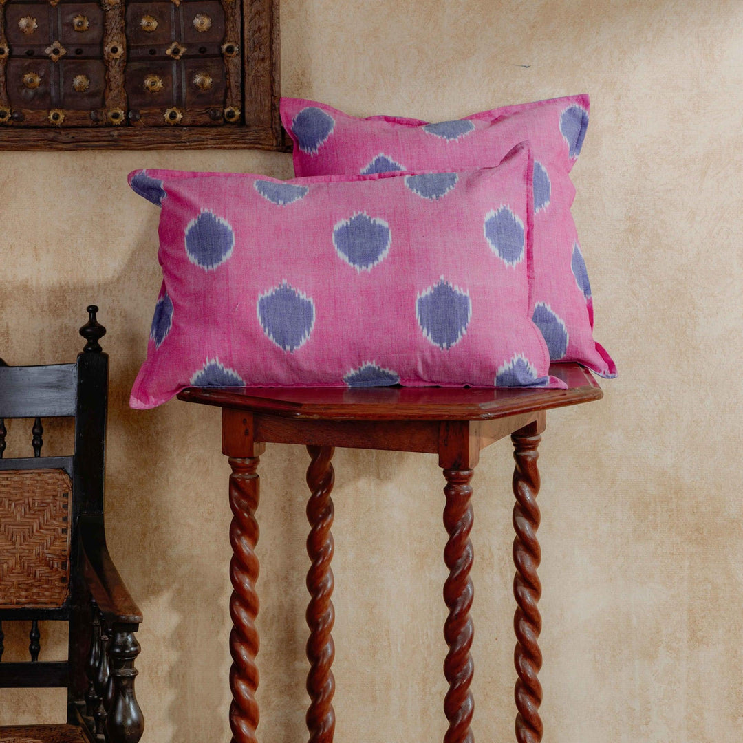 Pink and Blue Varnam Ikat Handloom Cushion Cover-Cushion Covers-House of Ekam