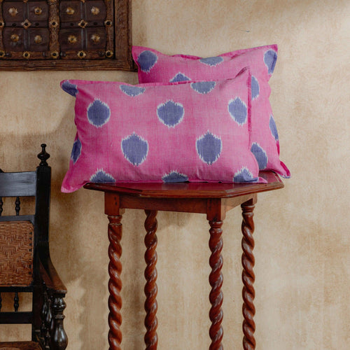 Pink and Blue Varnam Ikat Handloom Cushion Cover-Cushion Covers-House of Ekam