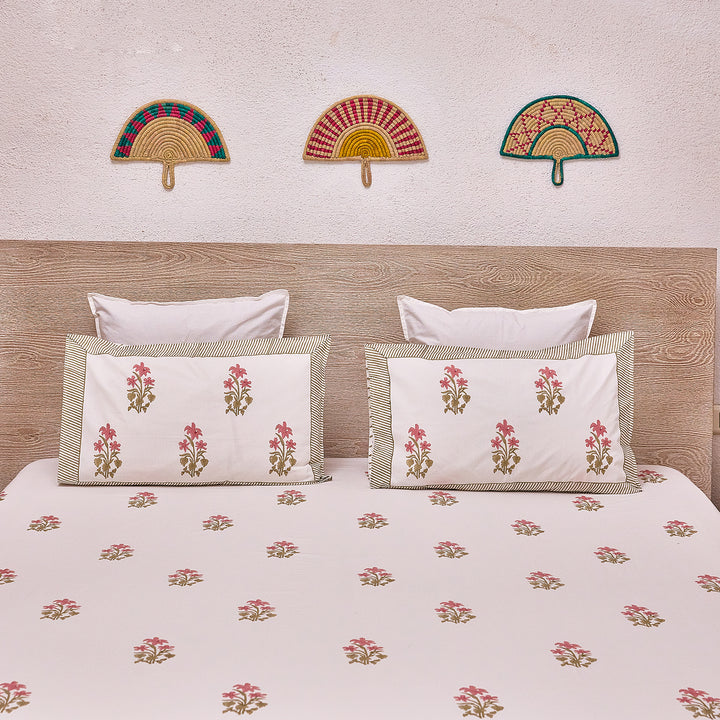 Pink and Green Freesia Blockprint Double Bedsheet With Pillow Cover-Bedsheets-House of Ekam