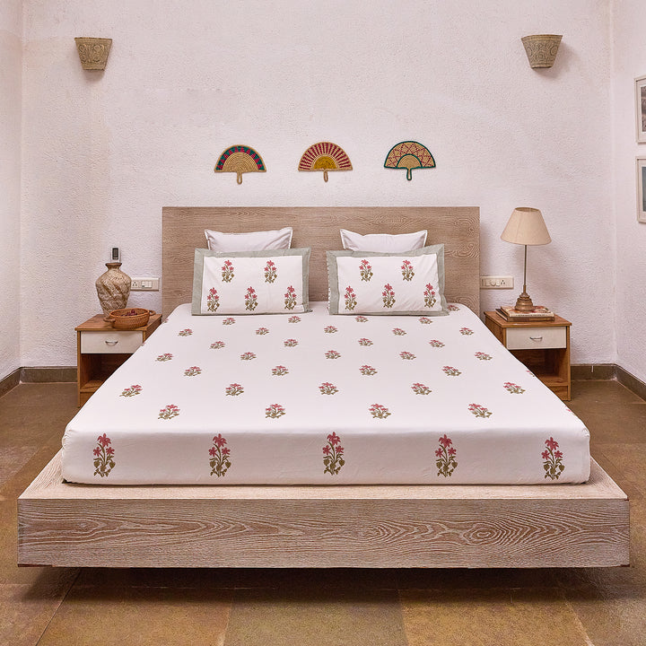 Pink and Green Freesia Blockprint Double Bedsheet With Pillow Cover-Bedsheets-House of Ekam