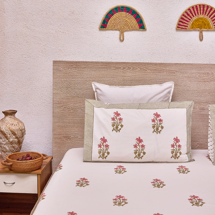 Pink and Green Freesia Blockprint Double Bedsheet With Pillow Cover-Bedsheets-House of Ekam
