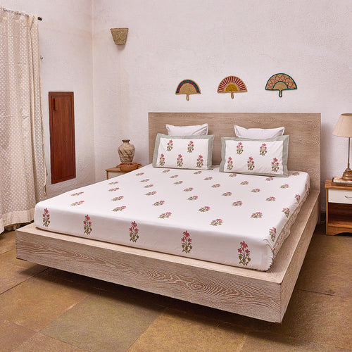 Pink and Green Freesia Blockprint Double Bedsheet With Pillow Cover-Bedsheets-House of Ekam