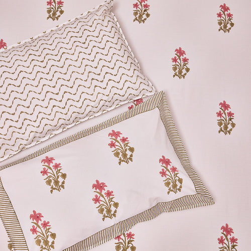Pink and Green Freesia Blockprint Double Bedsheet With Pillow Cover-Bedsheets-House of Ekam