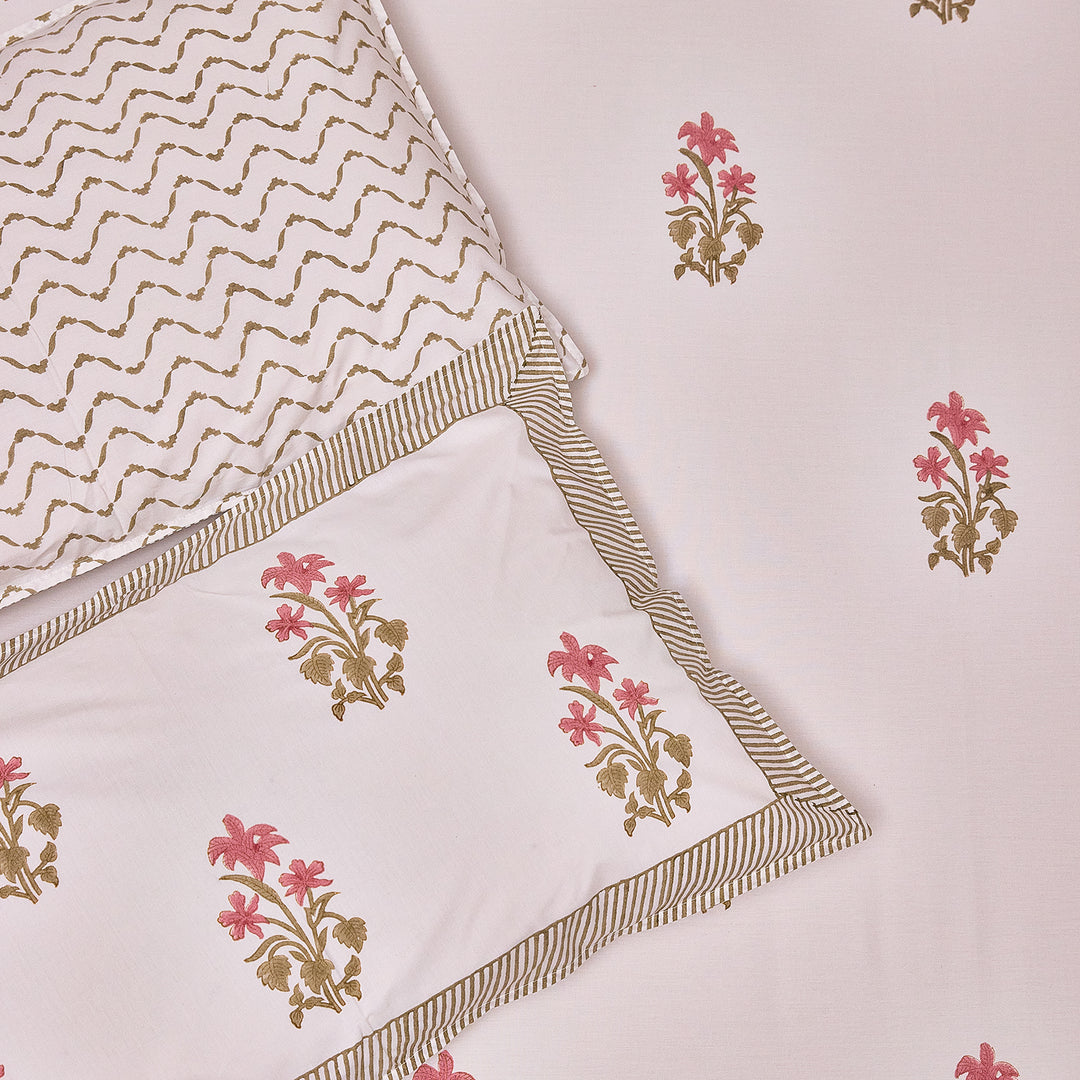 Pink and Green Freesia Blockprint Double Bedsheet With Pillow Cover-Bedsheets-House of Ekam