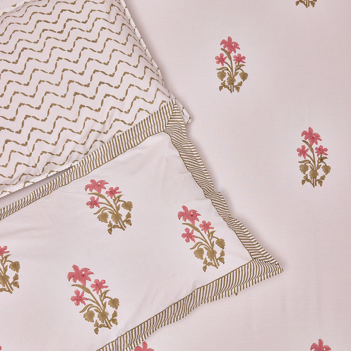 Pink and Green Freesia Blockprint Double Bedsheet With Pillow Cover-Bedsheets-House of Ekam