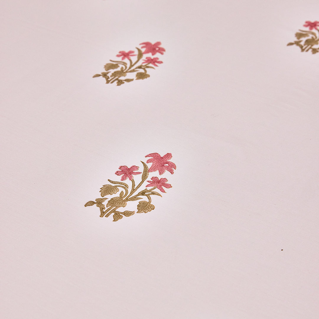 Pink and Green Freesia Blockprint Double Bedsheet With Pillow Cover-Bedsheets-House of Ekam
