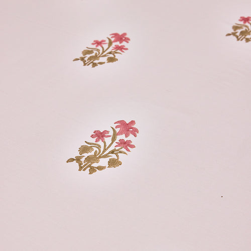 Pink and Green Freesia Blockprint Double Bedsheet With Pillow Cover-Bedsheets-House of Ekam
