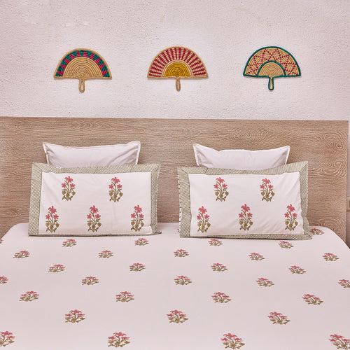 Pink and Green Freesia Blockprint Double Bedsheet With Pillow Cover-Bedsheets-House of Ekam