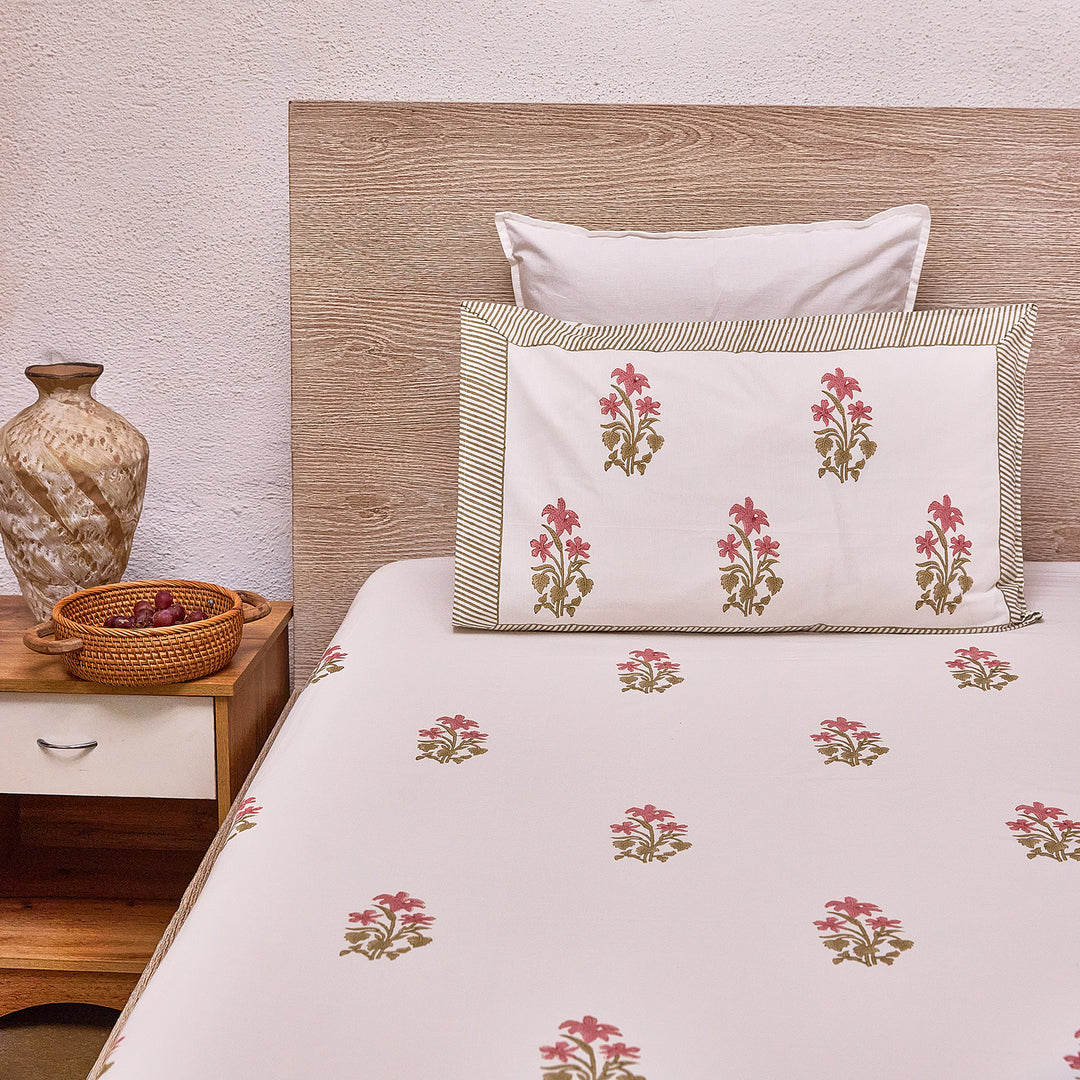 Pink and Green Freesia Blockprint Double Bedsheet With Pillow Cover-Bedsheets-House of Ekam