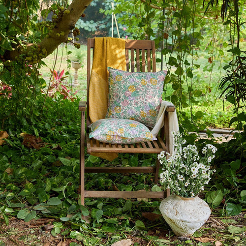 Pink and Green Rose Blockprint Cushion Cover-Cushion Covers-House of Ekam