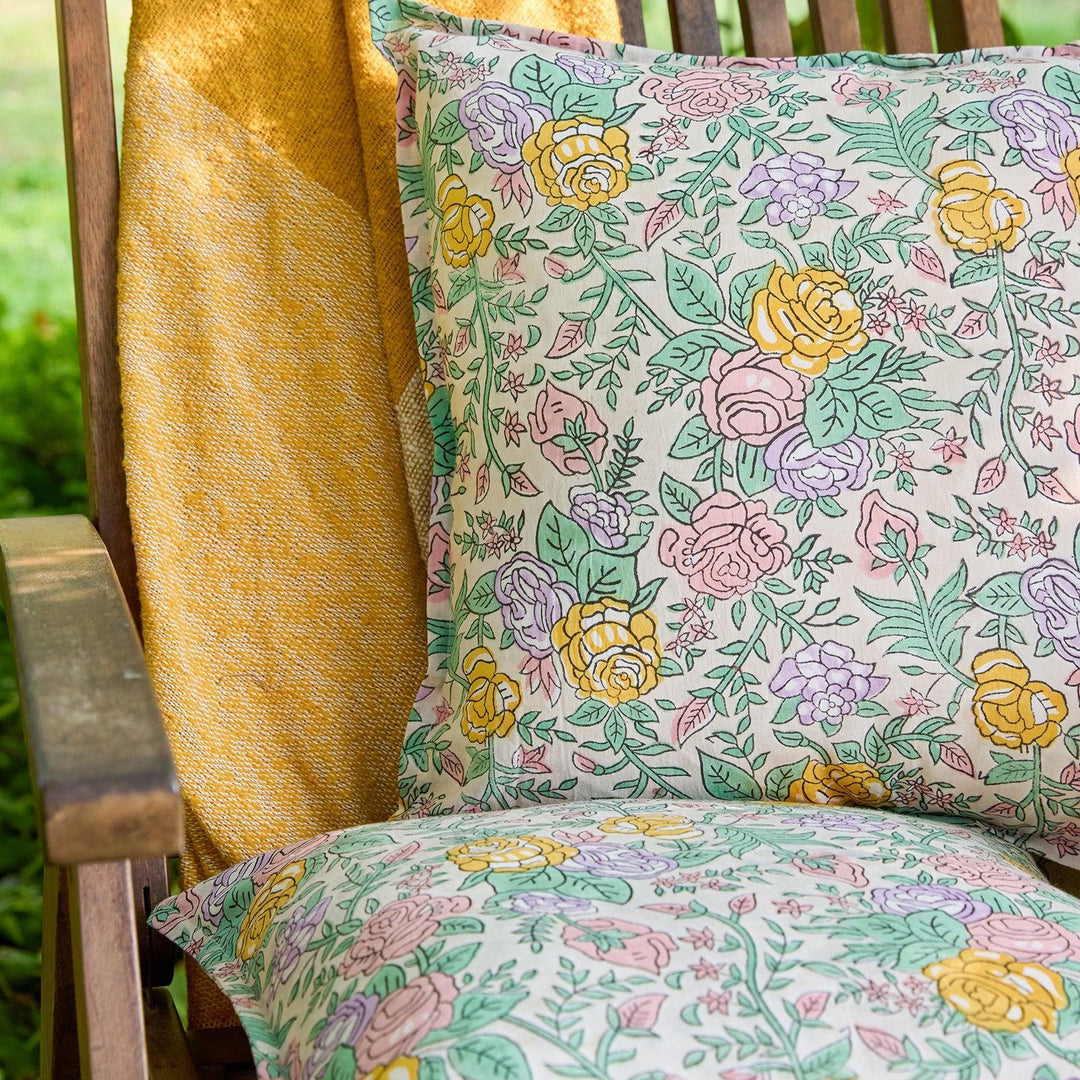 Pink and Green Rose Blockprint Cushion Cover-Cushion Covers-House of Ekam