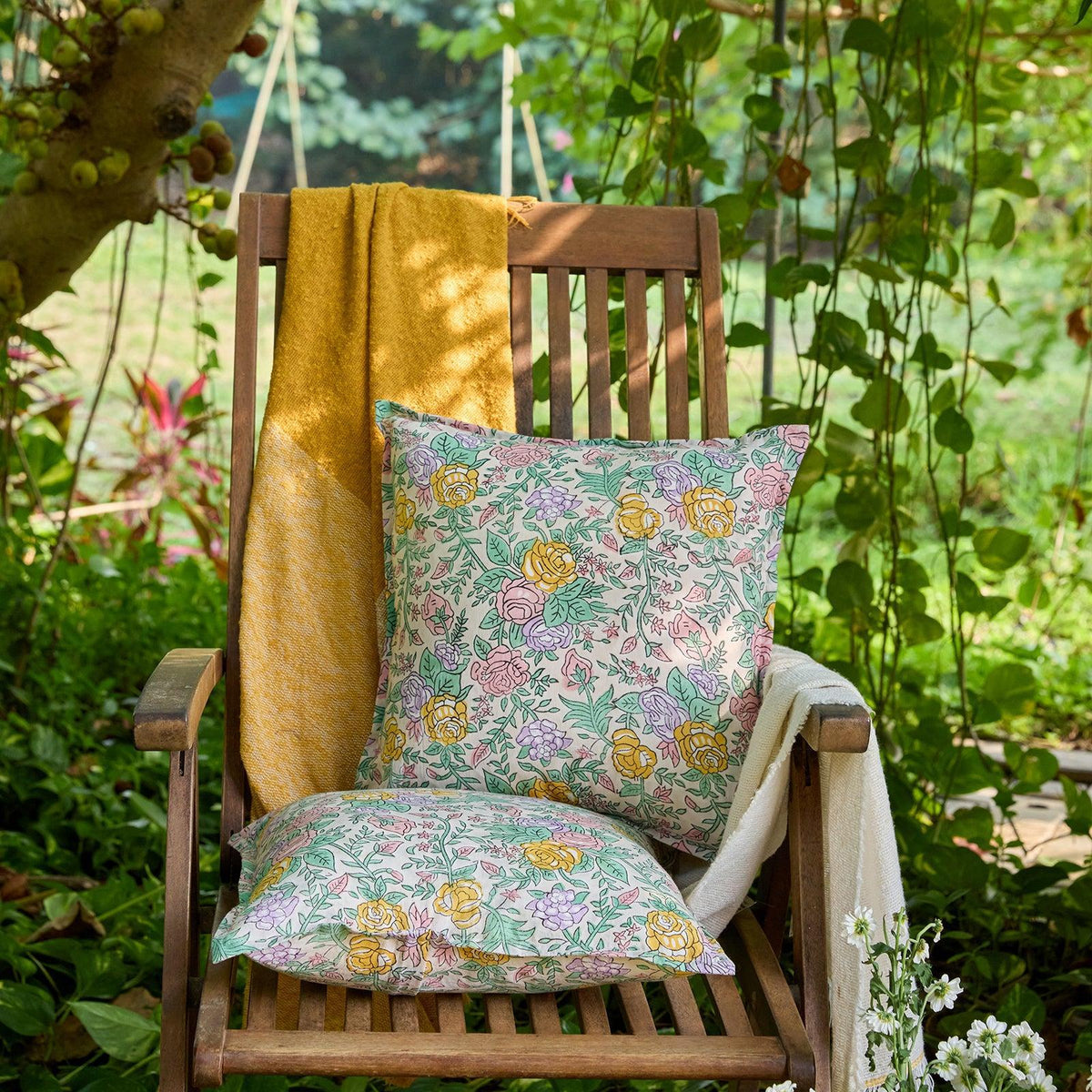 Pink and Green Rose Blockprint Cushion Cover-Cushion Covers-House of Ekam
