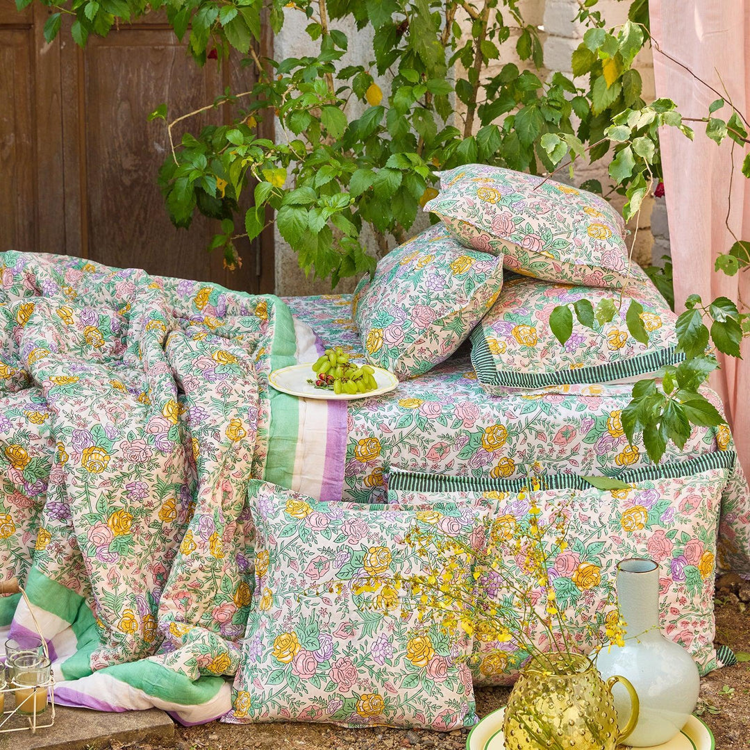 Pink and Green Rose Blockprint Double Bed Quilt-Quilt sets-House of Ekam