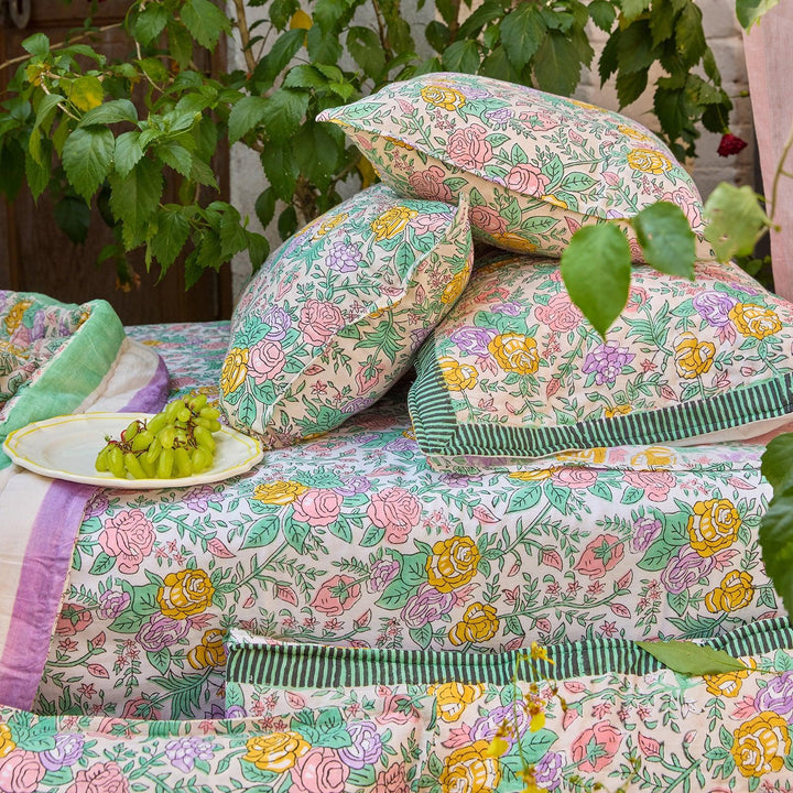 Pink and Green Rose Blockprint Double Bed Quilt-Quilt sets-House of Ekam