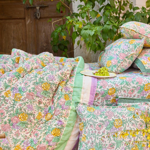 Pink and Green Rose Blockprint Double Bed Quilt-Quilt sets-House of Ekam